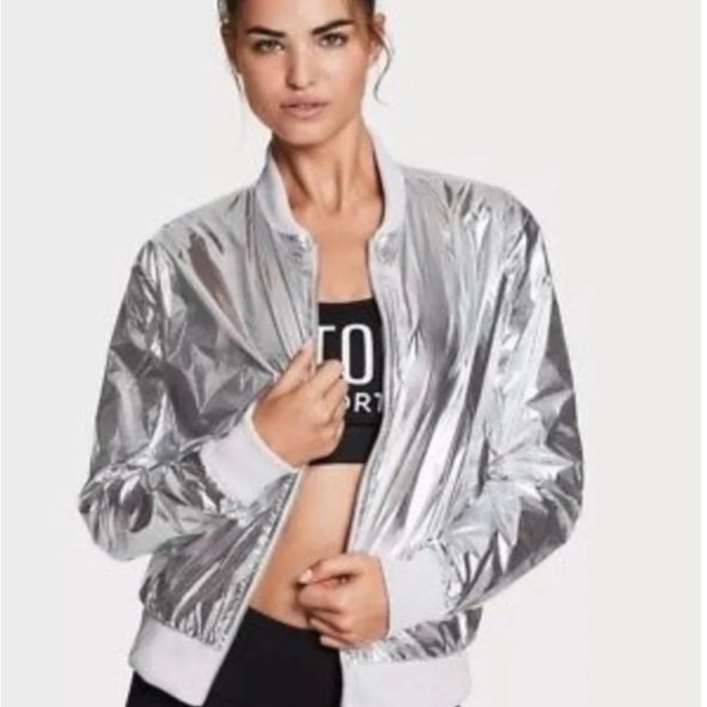 NWT Victoria’s Secret Sport metallic silver bomber jacket!